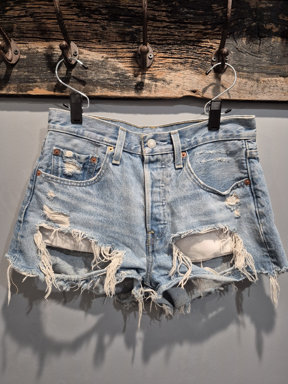 Classic Levi's 501 Original High-Rise Light Blue Distressed Denim Women's Shorts